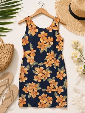 Vintage Pineapple Moon Navy Floral Silk Sundress with Orange Blossoms Size Sm